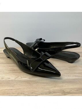 MARC FISHER Kerrey Black Patent Kitten Heel Slingbacks Bow Pointed Toe Size 10